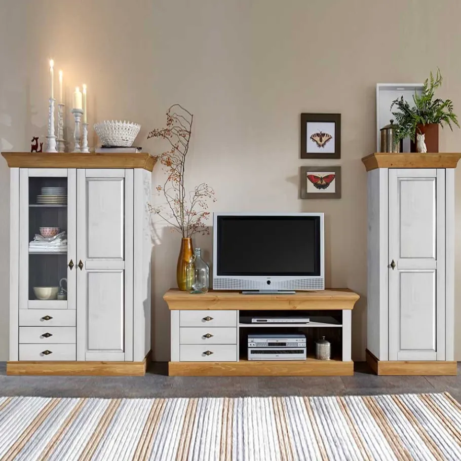 TV Anbauwand Sibiuta in Weiß Kiefer teilmassiv (dreiteilig) Wohnwände