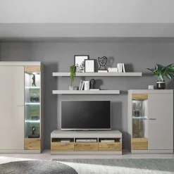 Discount TV Wohnwand in Hellgrau & Zinneiche - Lioscas (fünfteilig) Wohnwände