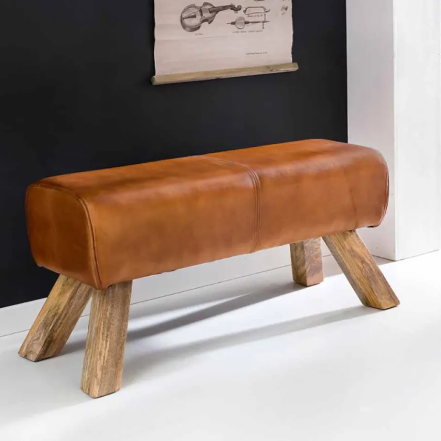 Vintage Lederbank Snog mit Holzgestell rustikal Sitzbank