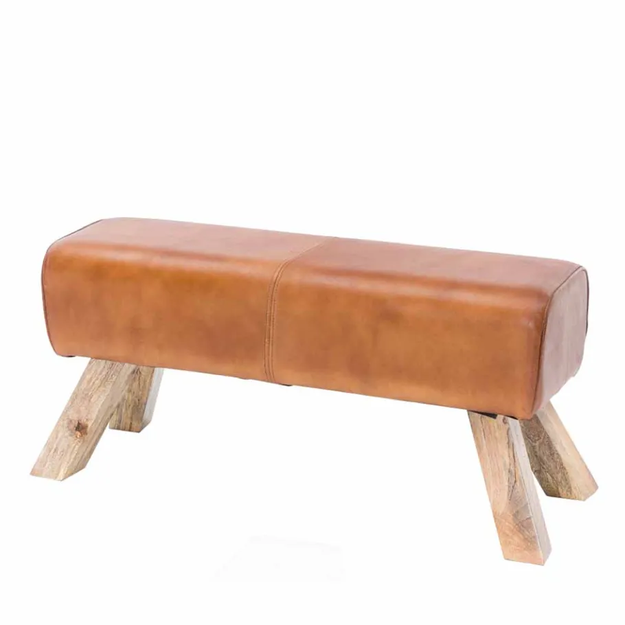 Vintage Lederbank Snog mit Holzgestell rustikal Sitzbank