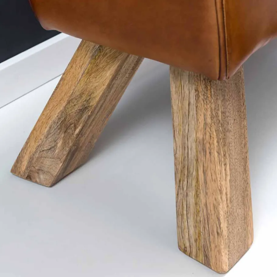 Vintage Lederbank Snog mit Holzgestell rustikal Sitzbank