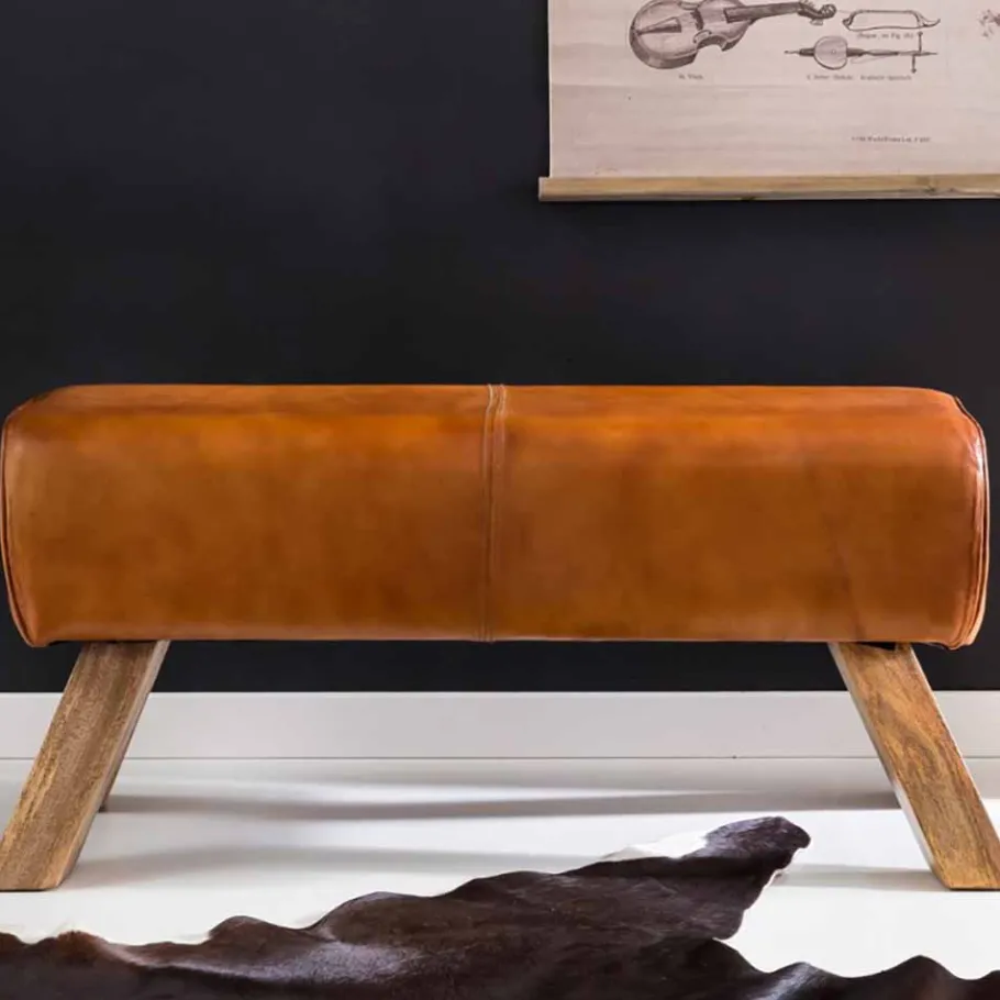 Vintage Lederbank Snog mit Holzgestell rustikal Sitzbank