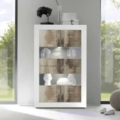 Vitrinenschrank in Holz verwittert & Weiß HG - Olvenion Vitrinen|Schränke