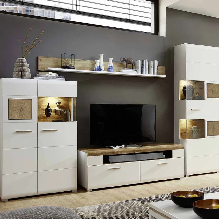 Best Weiße Wohnwand Lisepio mit Eichen-Elementen (vierteilig) Wohnwände