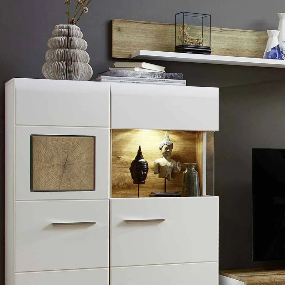 Best Weiße Wohnwand Lisepio mit Eichen-Elementen (vierteilig) Wohnwände