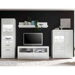 Hot Weiße Wohnwand mit Hochglanz Fronten Yulis optional mit Beleuchtung (vierteilig) Wohnwände