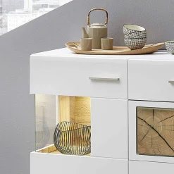 Sale Weißes Design-Sideboard mit Glas & LED - Lisepio Sideboards