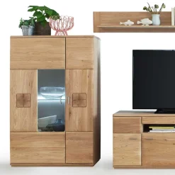 Clearance Wohnkombination in Eiche Bianco teilmassiv Pontros optional mit LED (vierteilig) Wohnwände