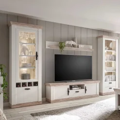 Hot Wohnkombination mit TV Element im Landhaus Stil Nedita in Weiß Pinie (vierteilig) Wohnwände