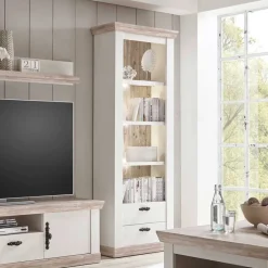 Hot Wohnkombination mit TV Element im Landhaus Stil Nedita in Weiß Pinie (vierteilig) Wohnwände