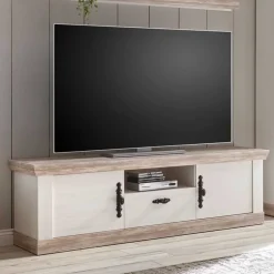 Hot Wohnkombination mit TV Element im Landhaus Stil Nedita in Weiß Pinie (vierteilig) Wohnwände
