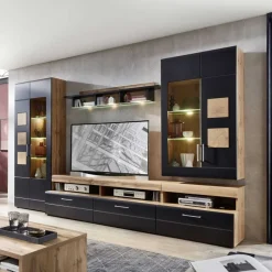 Outlet Wohnwand Möbel in Schwarz & Wildeiche - Kandu (fünfteilig) Wohnwände