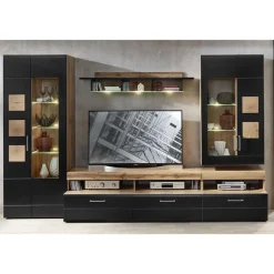 Outlet Wohnwand Möbel in Schwarz & Wildeiche - Kandu (fünfteilig) Wohnwände