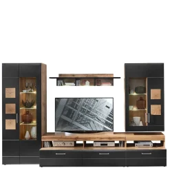 Outlet Wohnwand Möbel in Schwarz & Wildeiche - Kandu (fünfteilig) Wohnwände