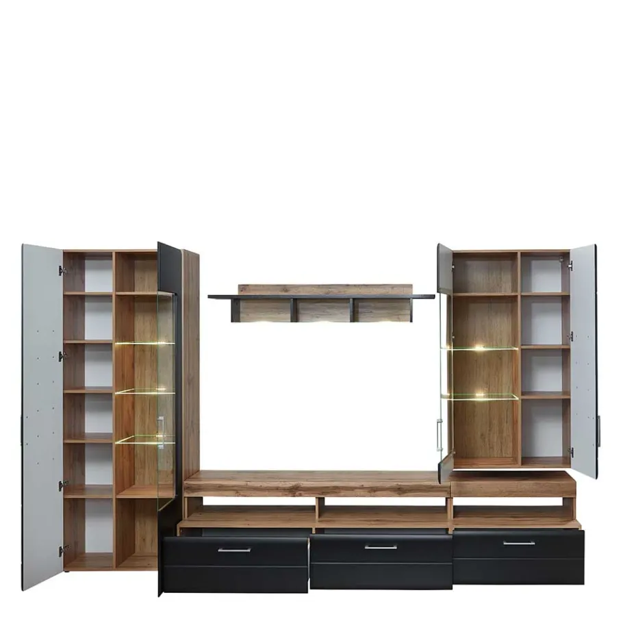 Outlet Wohnwand Möbel in Schwarz & Wildeiche - Kandu (fünfteilig) Wohnwände