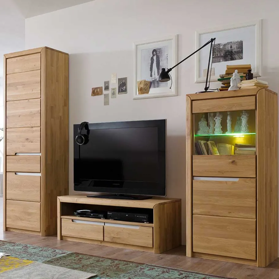 Discount Wohnzimmer Anbauwand Croconia aus Wildeiche Massivholz (dreiteilig) Wohnwände