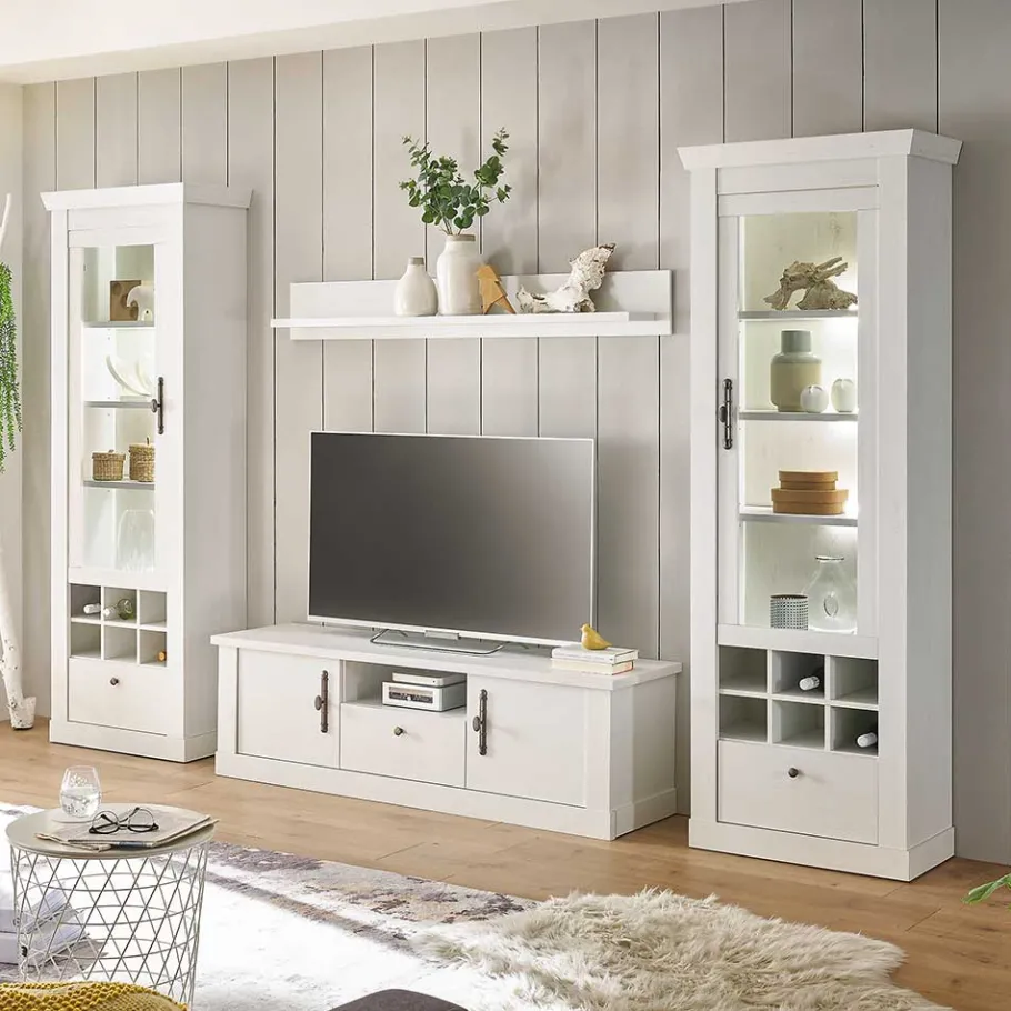 Discount Wohnzimmer Möbelset in weißer Holzoptik Pinie - Liancos (vierteilig) Wohnwände