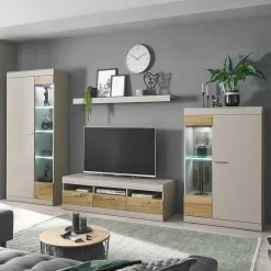 Hot Wohnzimmer Schrank Set in Hellgrau & Zinneiche - Lioscas (vierteilig) Wohnwände