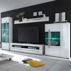 New Wohnzimmer Schrankwand Eila in Hochglanz Weiß (vierteilig) Wohnwände