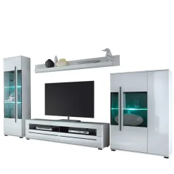 New Wohnzimmer Schrankwand Eila in Hochglanz Weiß (vierteilig) Wohnwände