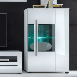 New Wohnzimmer Schrankwand Eila in Hochglanz Weiß (vierteilig) Wohnwände