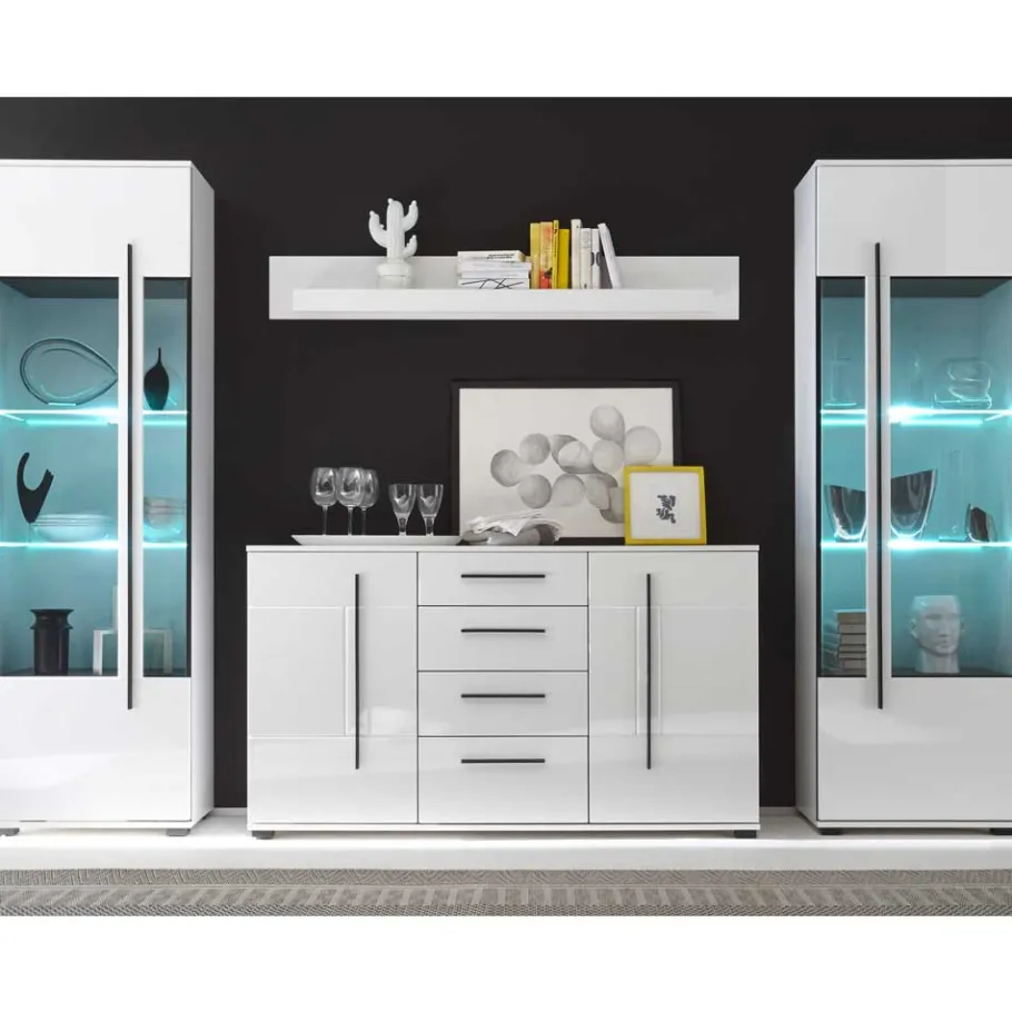 Discount Wohnzimmer Schrankwand Jetongos in Weiß Hochglanz (vierteilig) Wohnwände