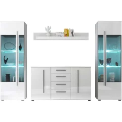 Discount Wohnzimmer Schrankwand Jetongos in Weiß Hochglanz (vierteilig) Wohnwände