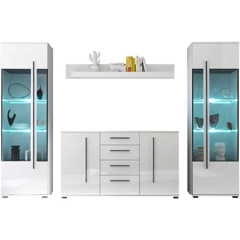 Discount Wohnzimmer Schrankwand Jetongos in Weiß Hochglanz (vierteilig) Wohnwände