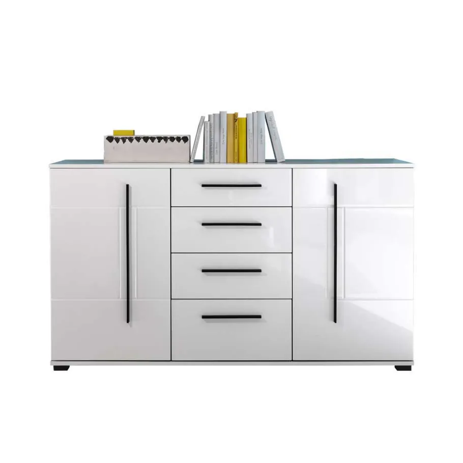 Discount Wohnzimmer Schrankwand Jetongos in Weiß Hochglanz (vierteilig) Wohnwände