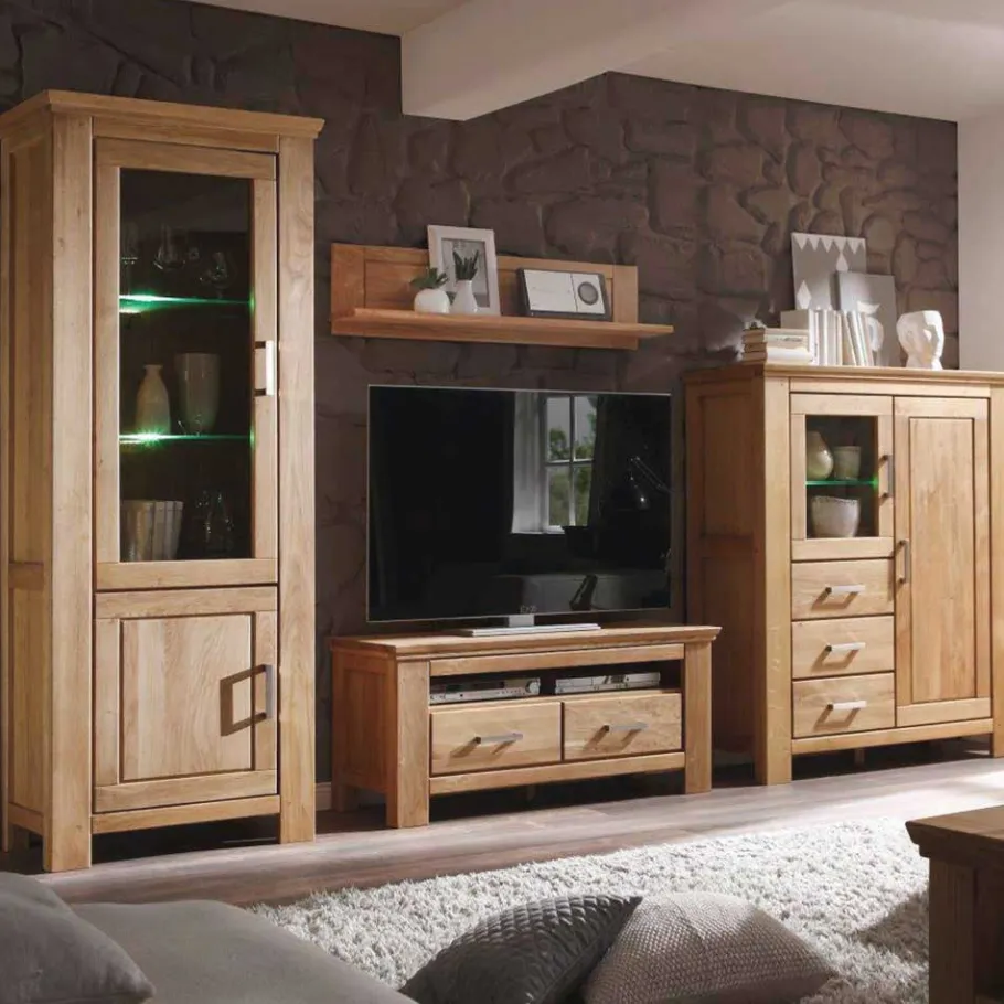 Discount Wohnzimmer Wohnwand Ladressa aus Wildeiche geölt und gewachst (vierteilig) Wohnwände