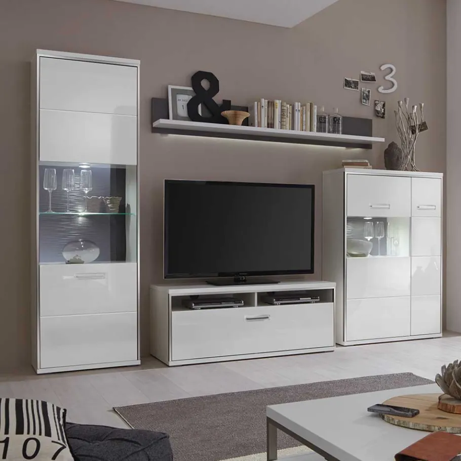Sale Wohnzimmer Wohnwand Tacroma in Hochglanz Weiß (vierteilig) Wohnwände