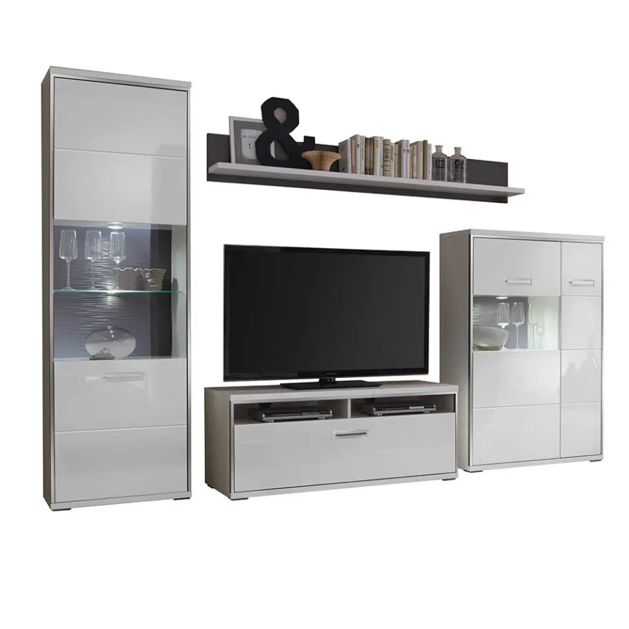 Sale Wohnzimmer Wohnwand Tacroma in Hochglanz Weiß (vierteilig) Wohnwände