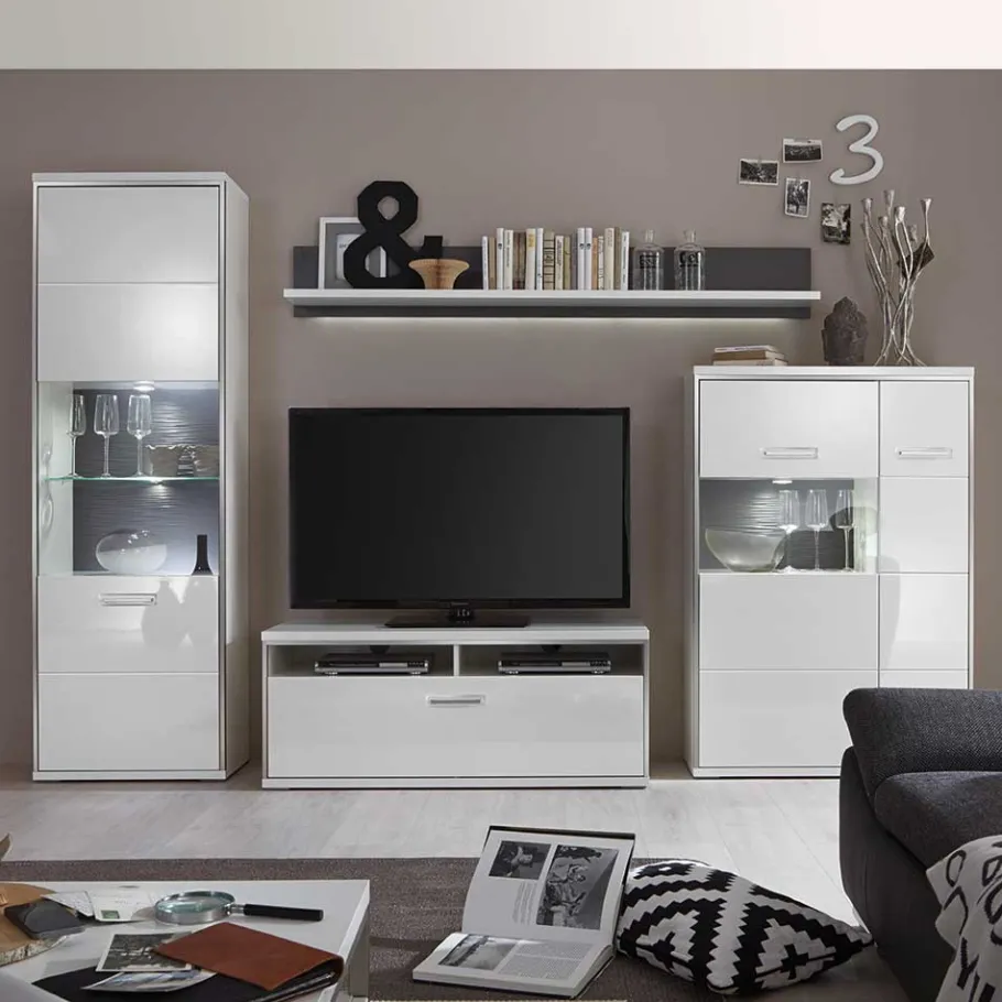 Sale Wohnzimmer Wohnwand Tacroma in Hochglanz Weiß (vierteilig) Wohnwände