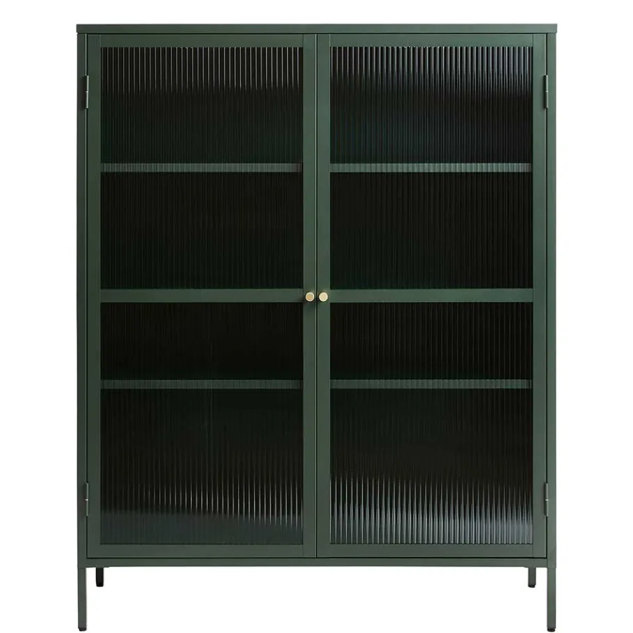110x140x40 Dunkelgrüne Highboard Vitrine aus Stahl - Estellos Highboards|Vitrinen